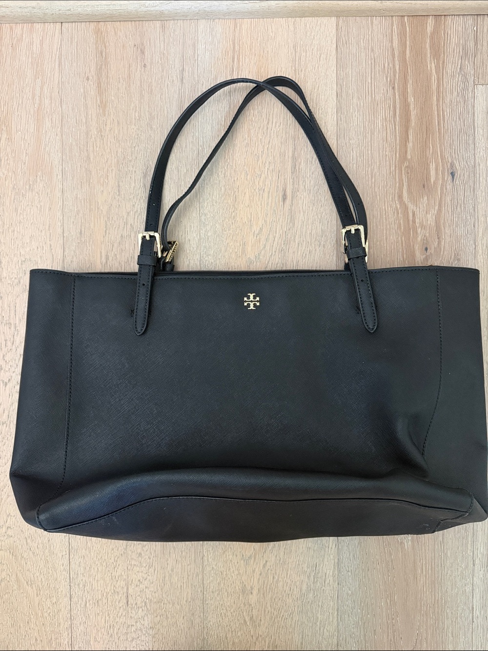 Tory Burch Black Leather Logo Tote with Gold Hardware